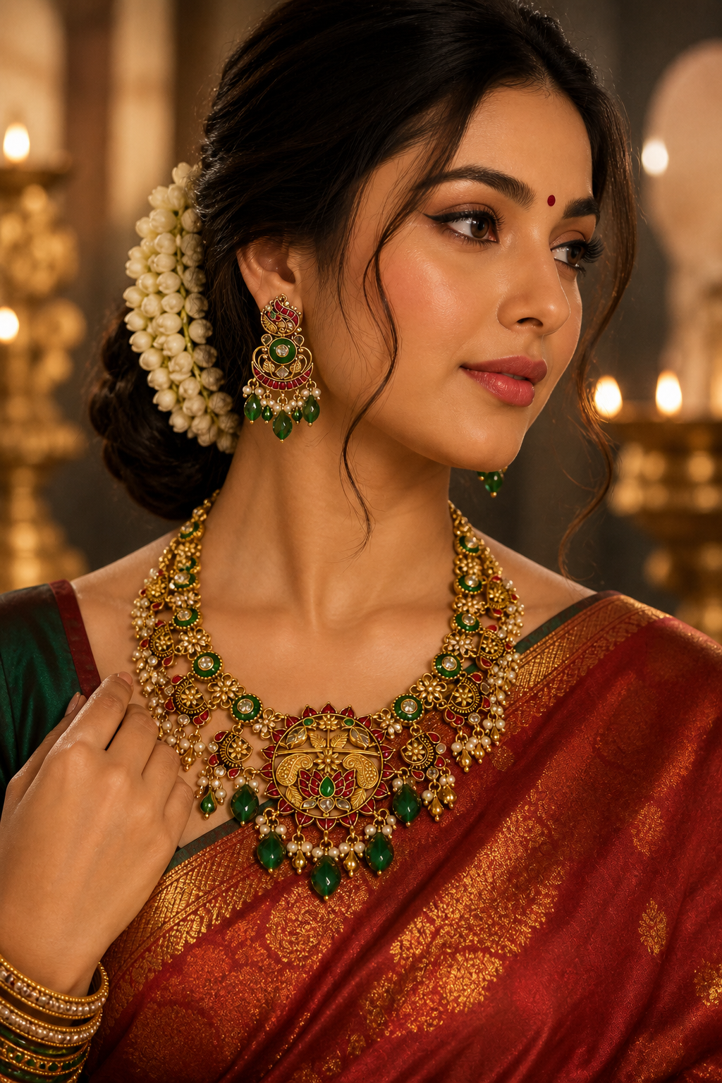 Bridal Kundan Jadau Necklace Set with Green Beads & Traditional Design