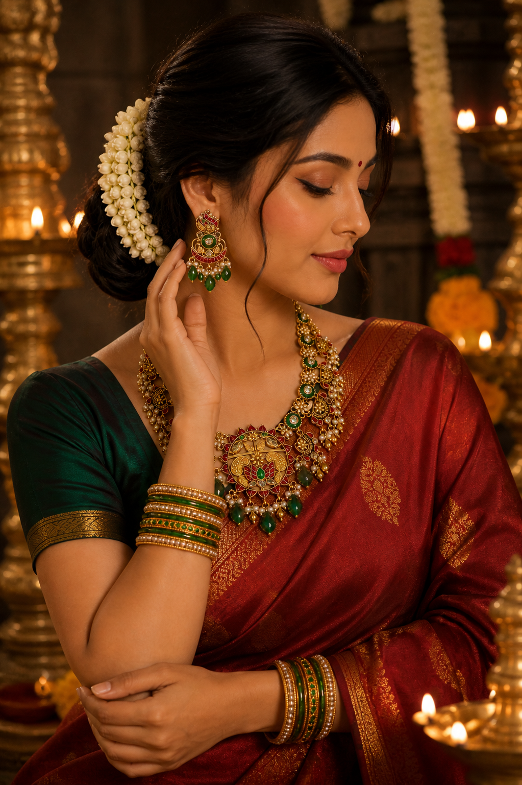 Bridal Kundan Jadau Necklace Set with Green Beads & Traditional Design