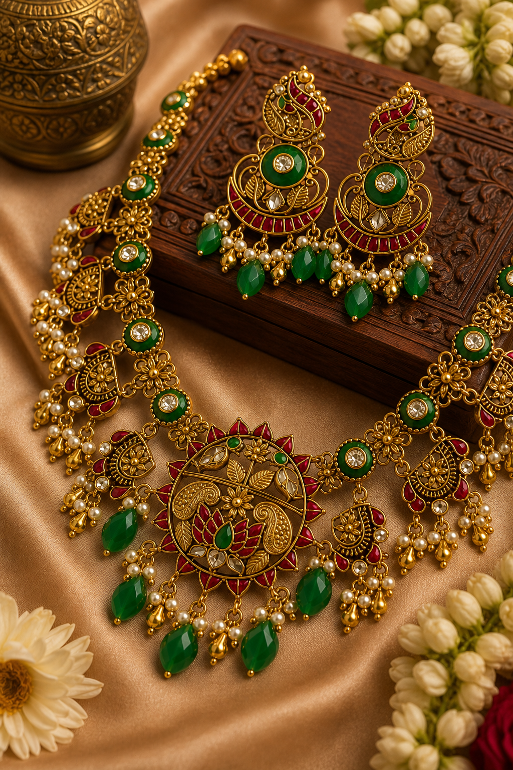 Bridal Kundan Jadau Necklace Set with Green Beads & Traditional Design