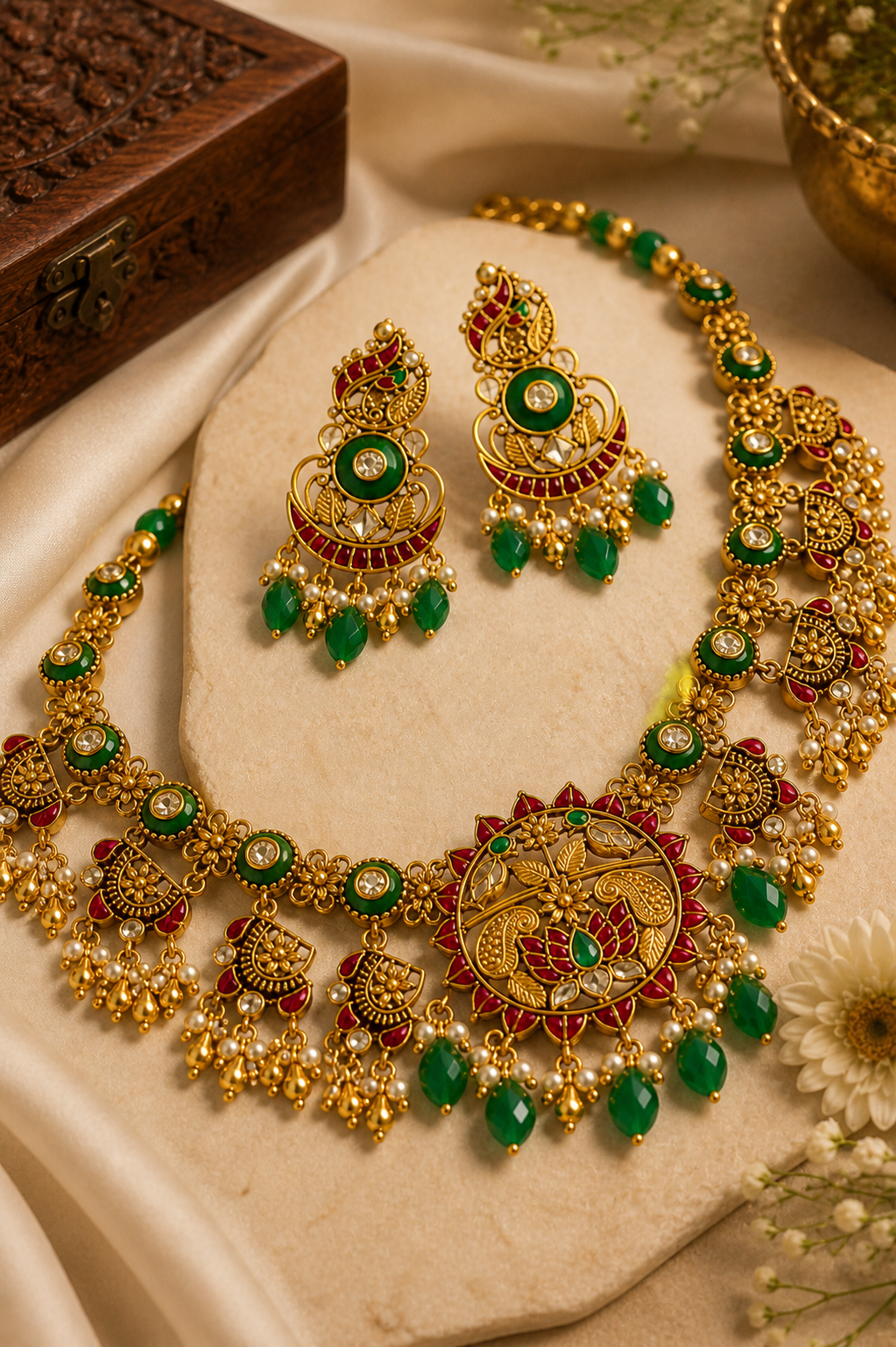 Bridal Kundan Jadau Necklace Set with Green Beads & Traditional Design