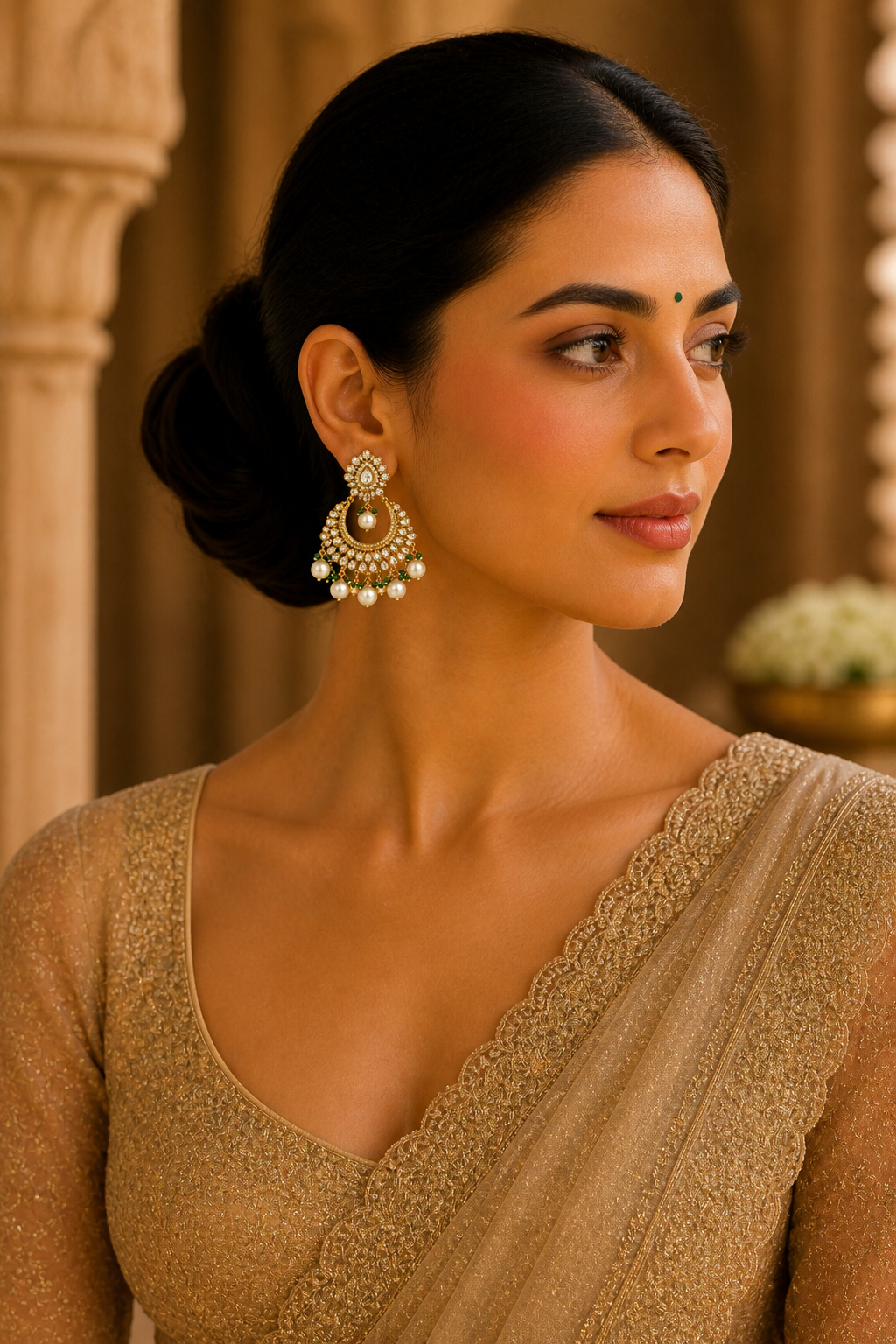 Traditional Kundan Chandbali Earrings with Pearl Drops & Green Beads – Bridal Statement Jewelry