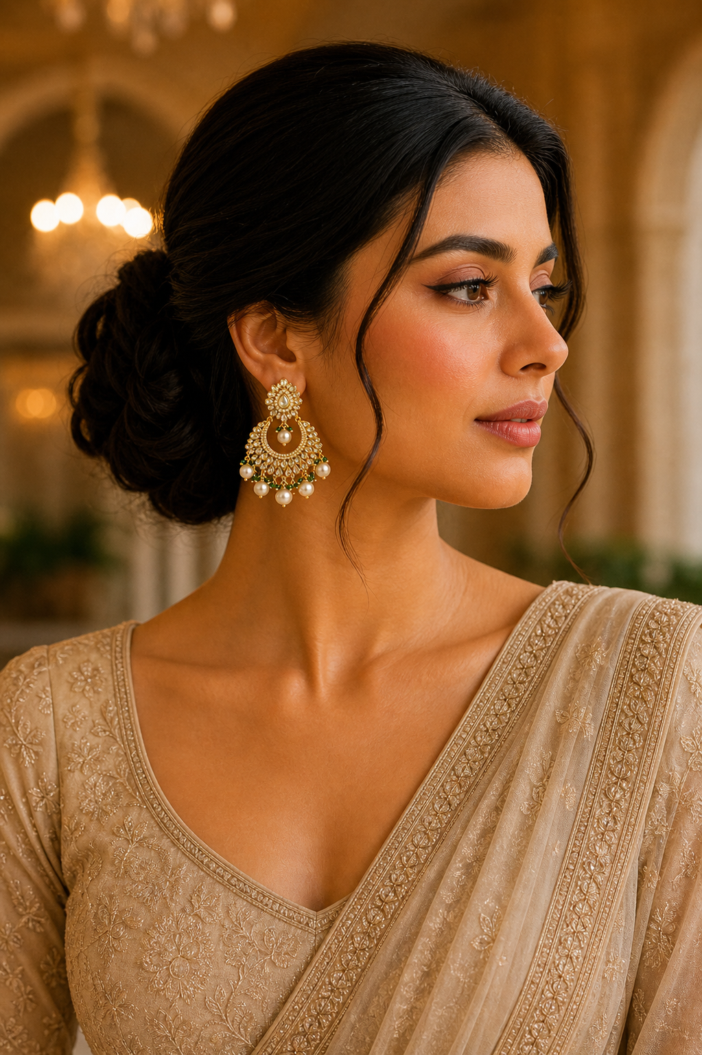 Traditional Kundan Chandbali Earrings with Pearl Drops & Green Beads – Bridal Statement Jewelry