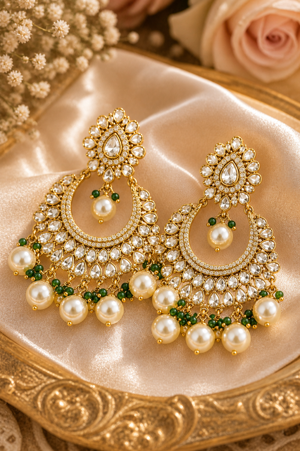 Traditional Kundan Chandbali Earrings with Pearl Drops & Green Beads – Bridal Statement Jewelry