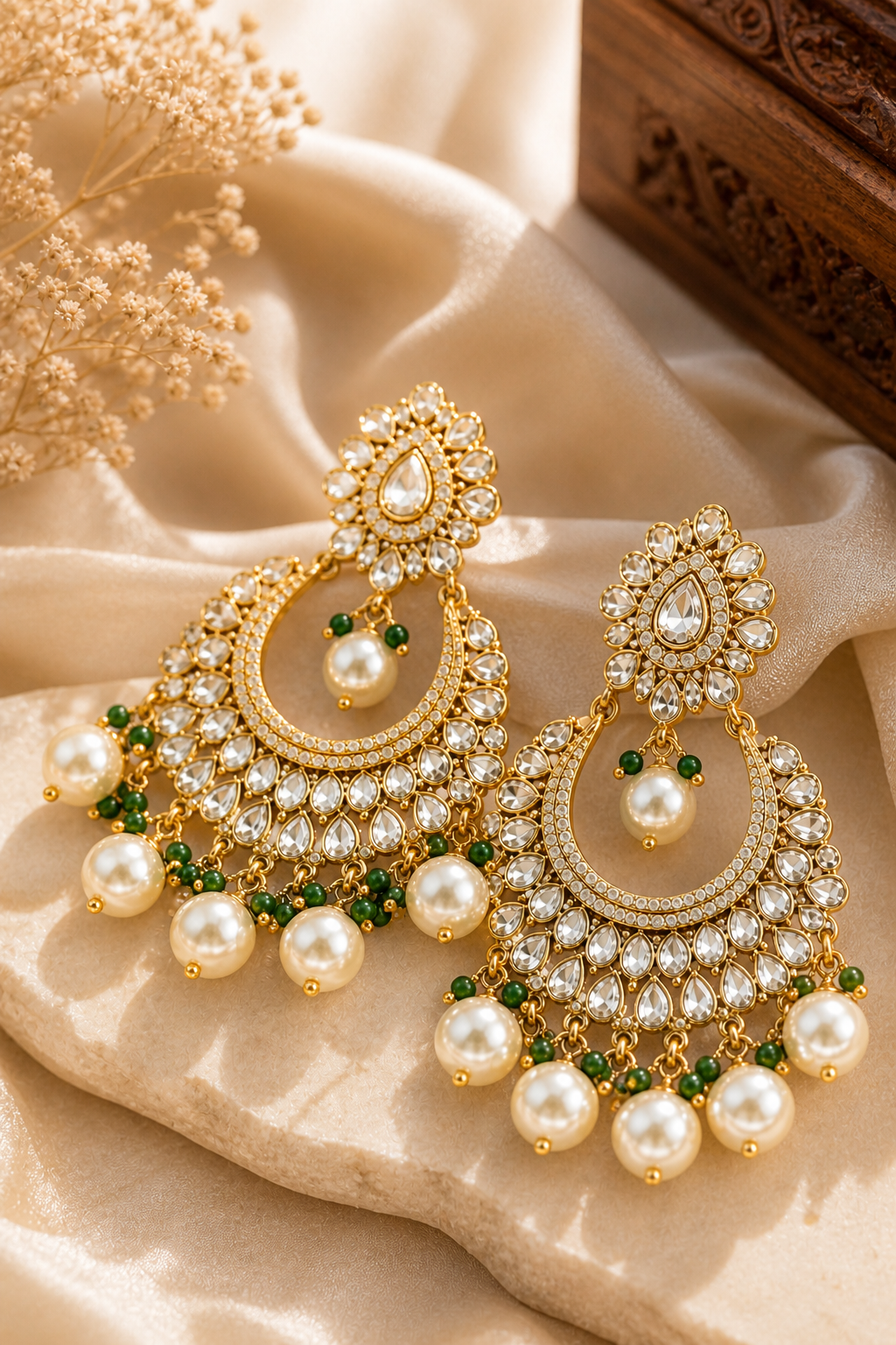 Traditional Kundan Chandbali Earrings with Pearl Drops & Green Beads – Bridal Statement Jewelry