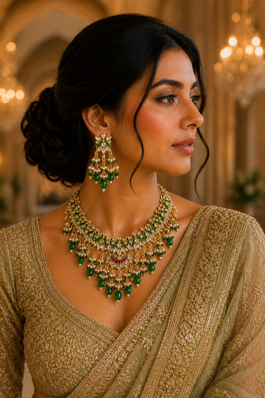 Royal Emerald Kundan Choker Necklace Set with Pearl Drops & Matching Earrings