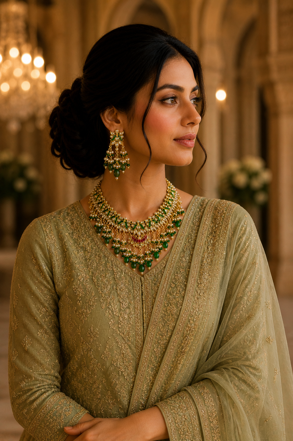 Royal Emerald Kundan Choker Necklace Set with Pearl Drops & Matching Earrings