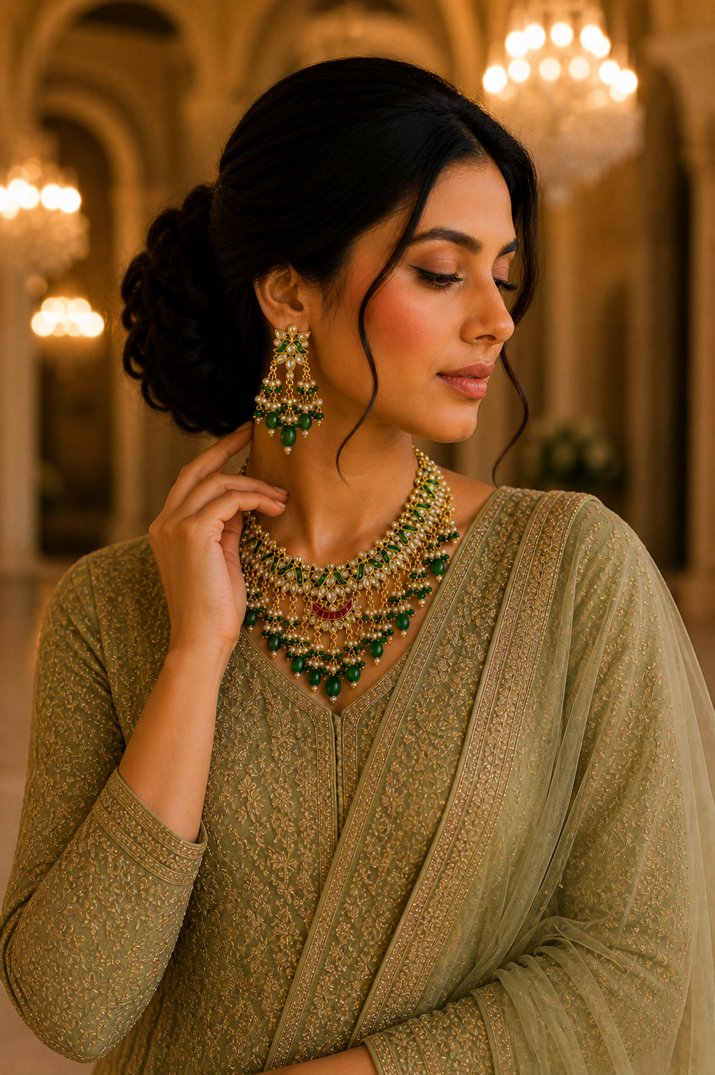 Royal Emerald Kundan Choker Necklace Set with Pearl Drops & Matching Earrings