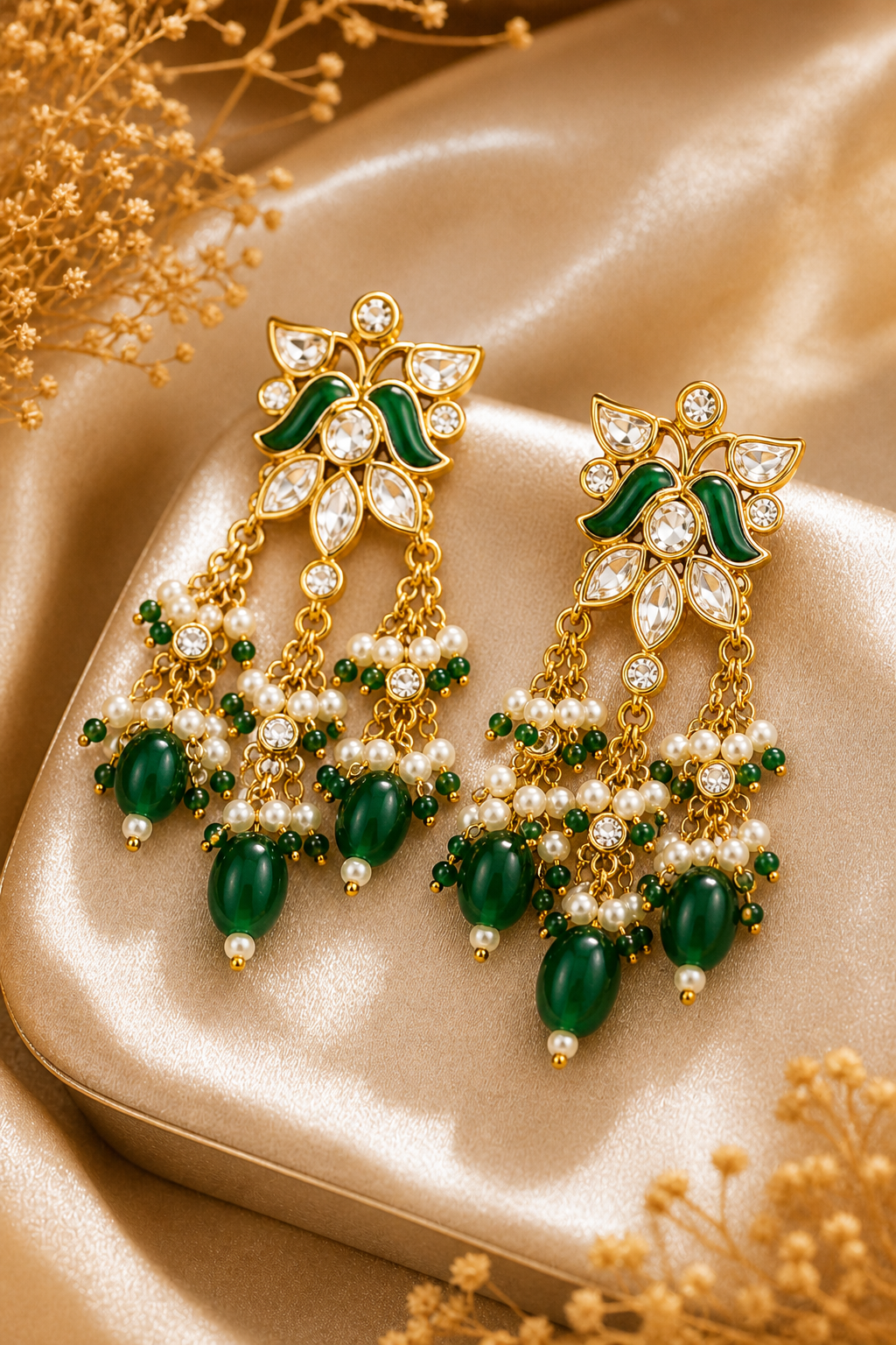 Royal Emerald Kundan Choker Necklace Set with Pearl Drops & Matching Earrings