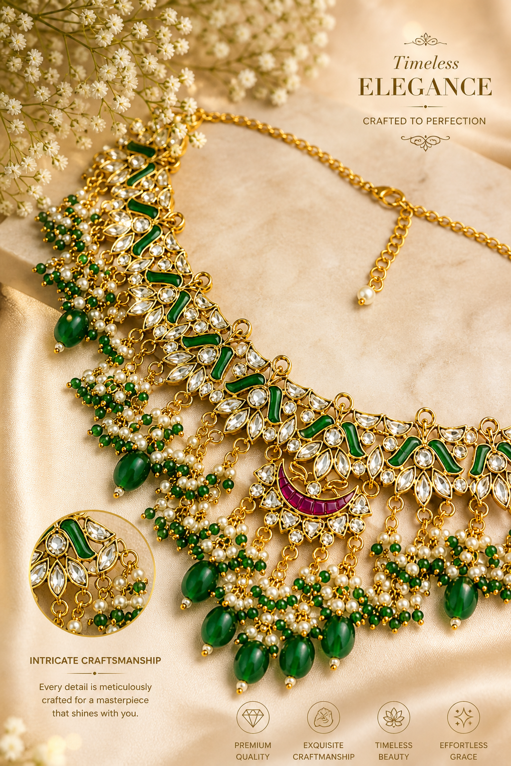 Royal Emerald Kundan Choker Necklace Set with Pearl Drops & Matching Earrings