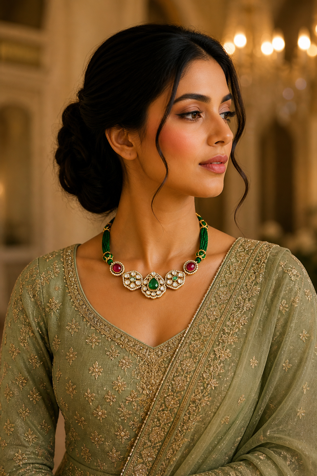 Kundan Polki Necklace with Green Pendant & Ruby Accents