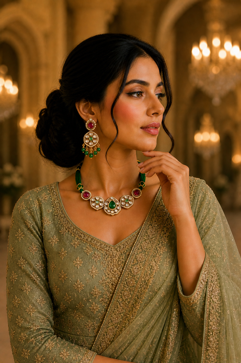 Kundan Polki Necklace with Green Pendant & Ruby Accents