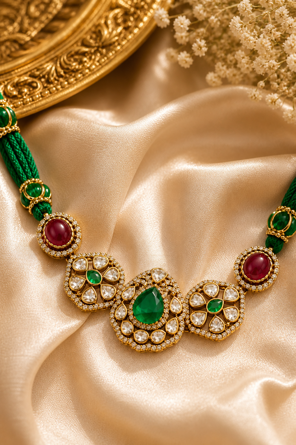 Kundan Polki Necklace with Green Pendant & Ruby Accents