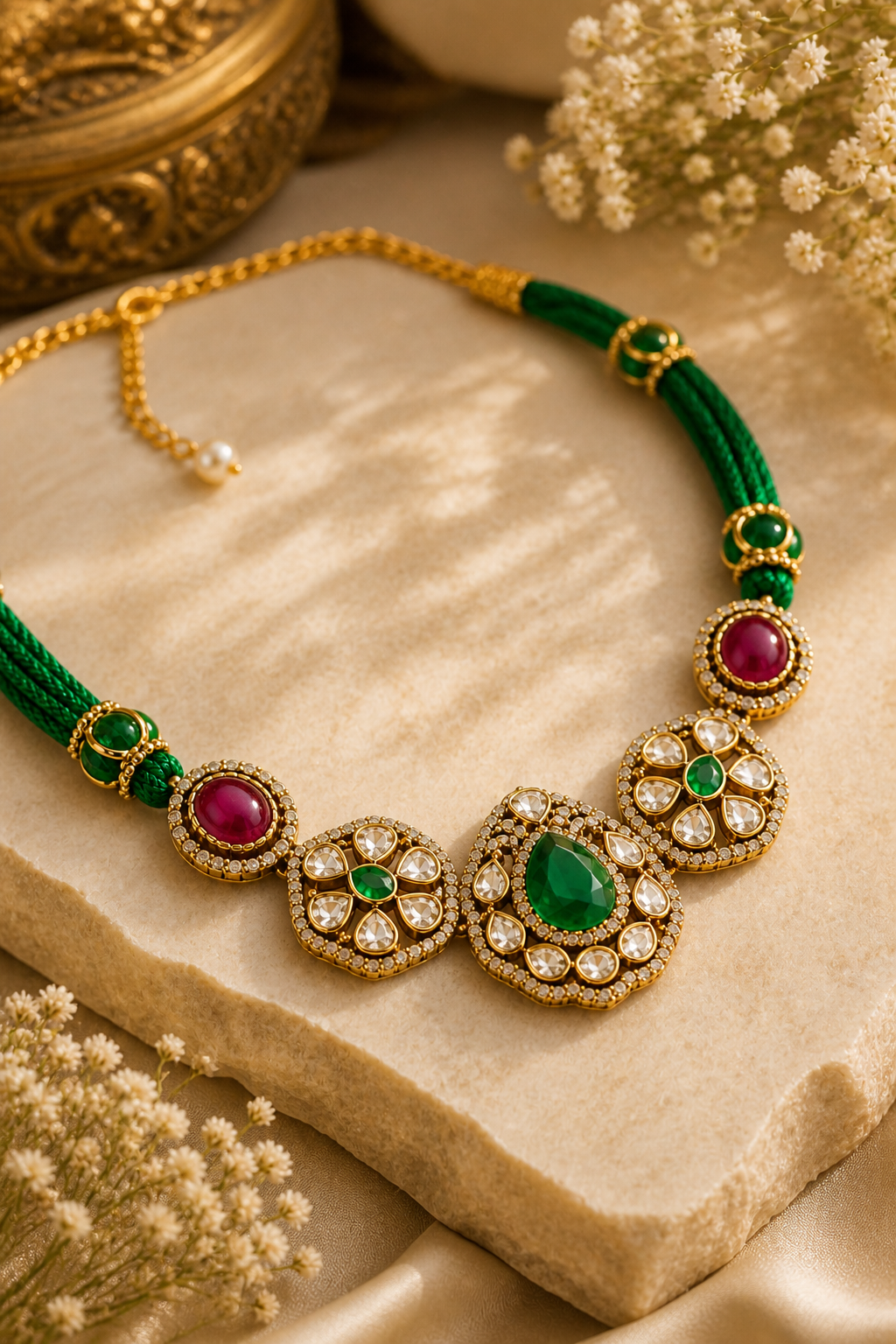Kundan Polki Necklace with Green Pendant & Ruby Accents
