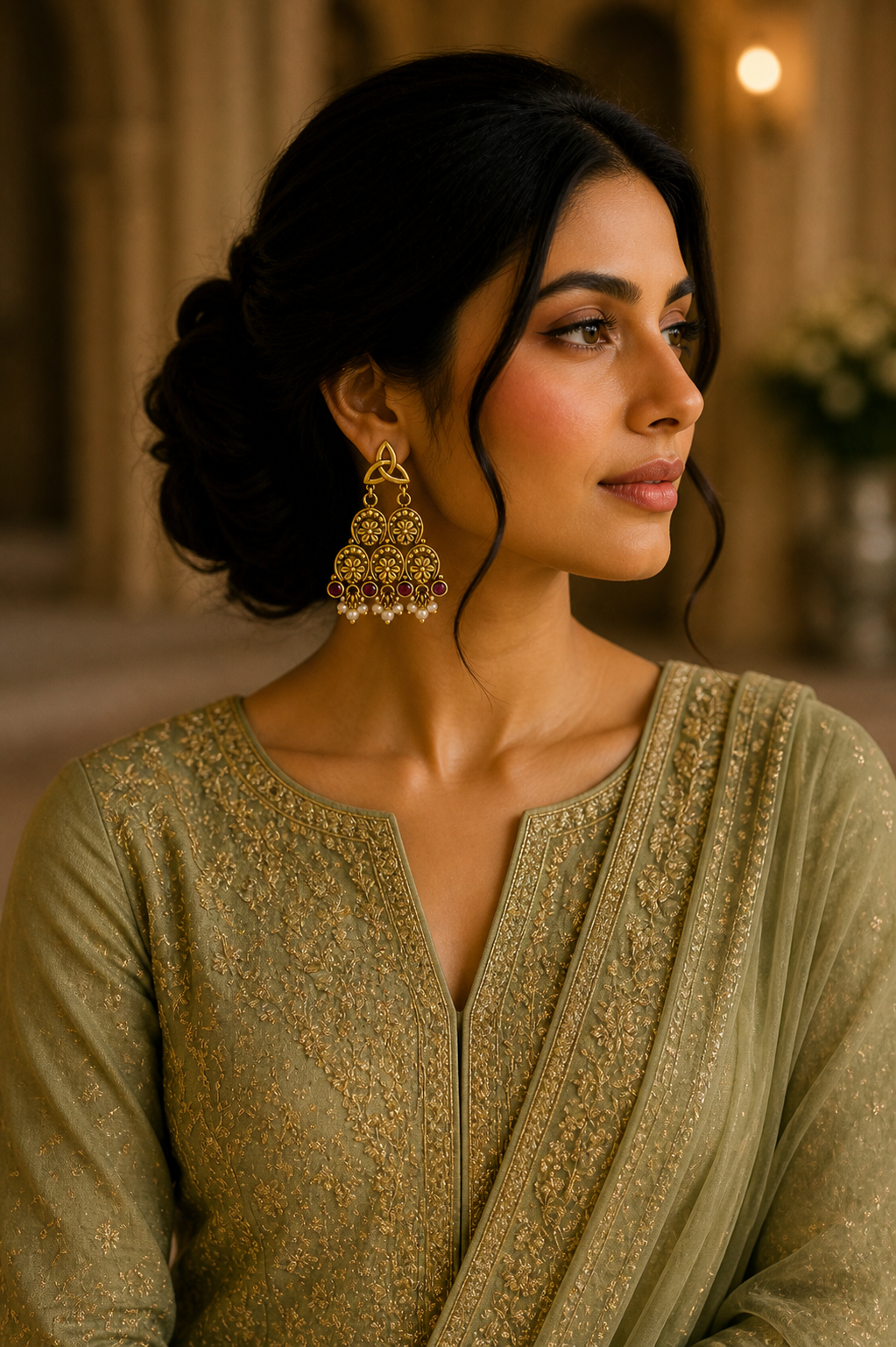 Traditional Gold-Tone Floral Chandbali Earrings with Ruby Stones & Pearl Drops
