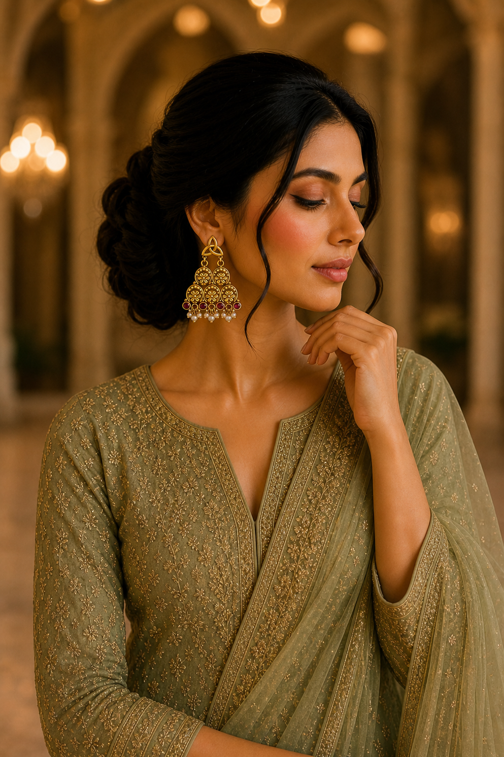 Traditional Gold-Tone Floral Chandbali Earrings with Ruby Stones & Pearl Drops