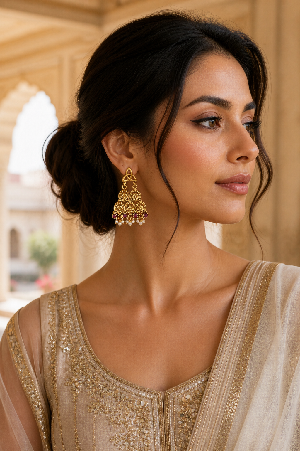 Traditional Gold-Tone Floral Chandbali Earrings with Ruby Stones & Pearl Drops