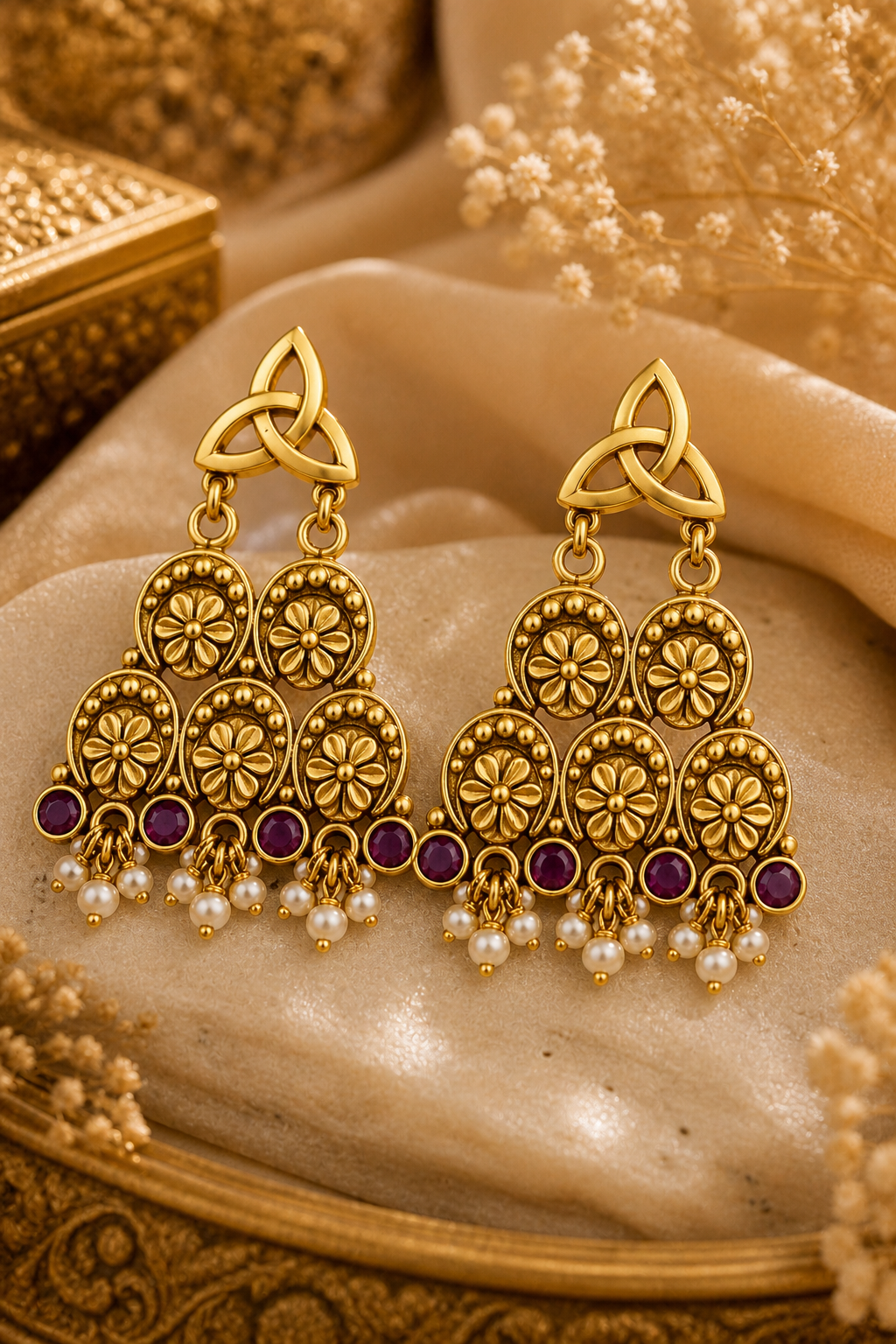 Traditional Gold-Tone Floral Chandbali Earrings with Ruby Stones & Pearl Drops
