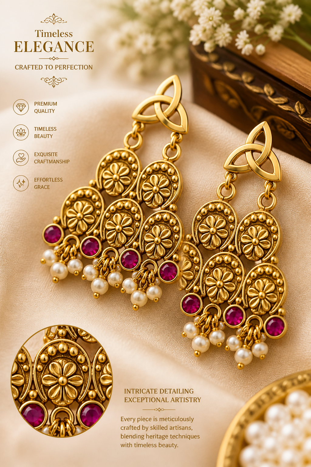 Traditional Gold-Tone Floral Chandbali Earrings with Ruby Stones & Pearl Drops