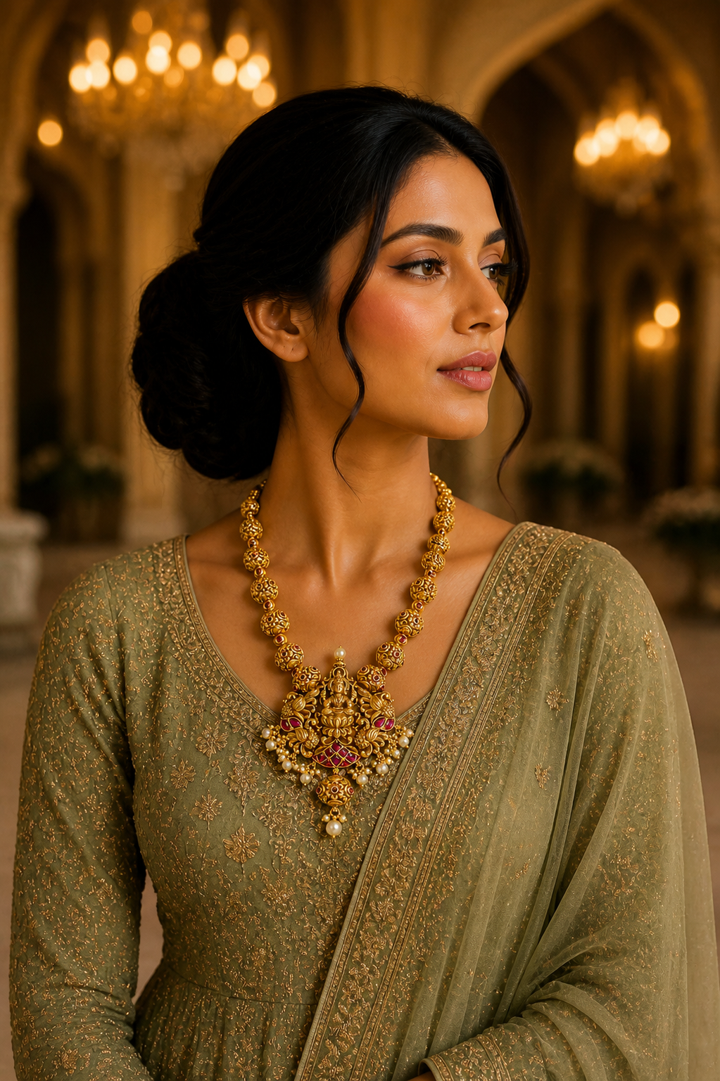 Temple Lakshmi Gold Necklace with Ruby Accents & Pearl Drops
