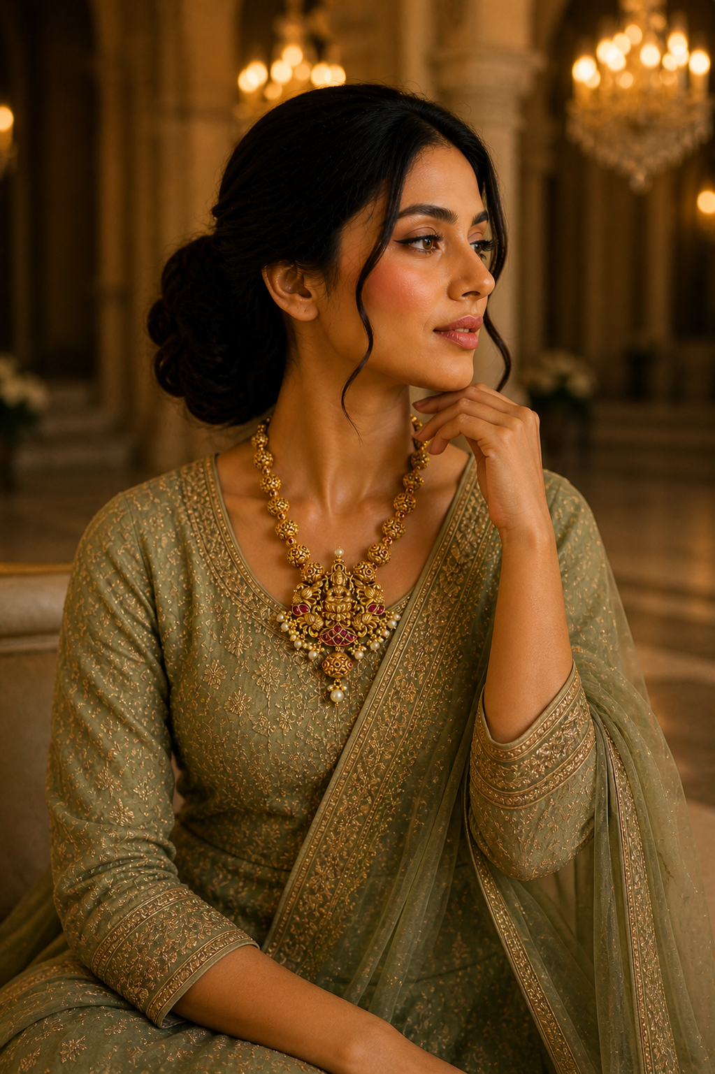 Temple Lakshmi Gold Necklace with Ruby Accents & Pearl Drops