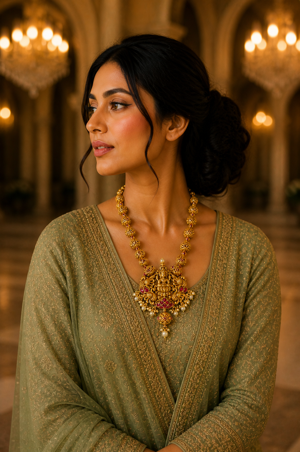 Temple Lakshmi Gold Necklace with Ruby Accents & Pearl Drops