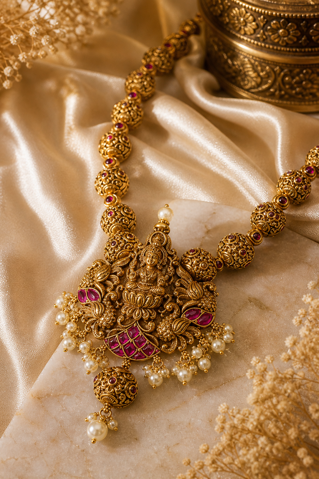 Temple Lakshmi Gold Necklace with Ruby Accents & Pearl Drops