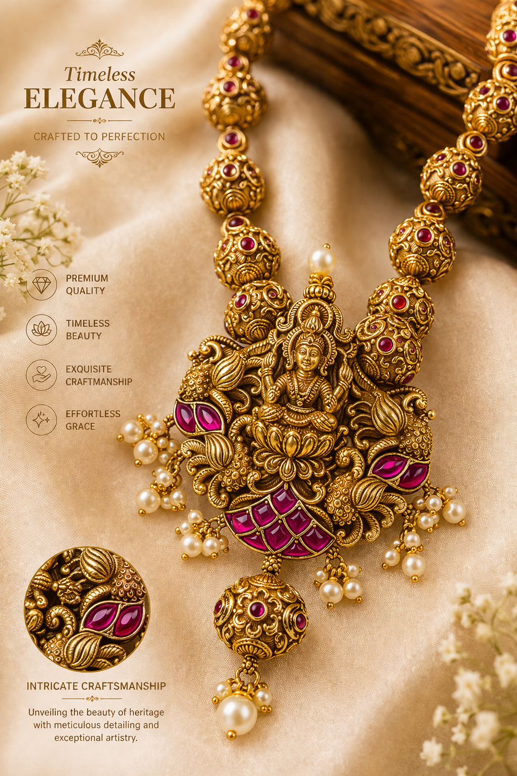 Temple Lakshmi Gold Necklace with Ruby Accents & Pearl Drops
