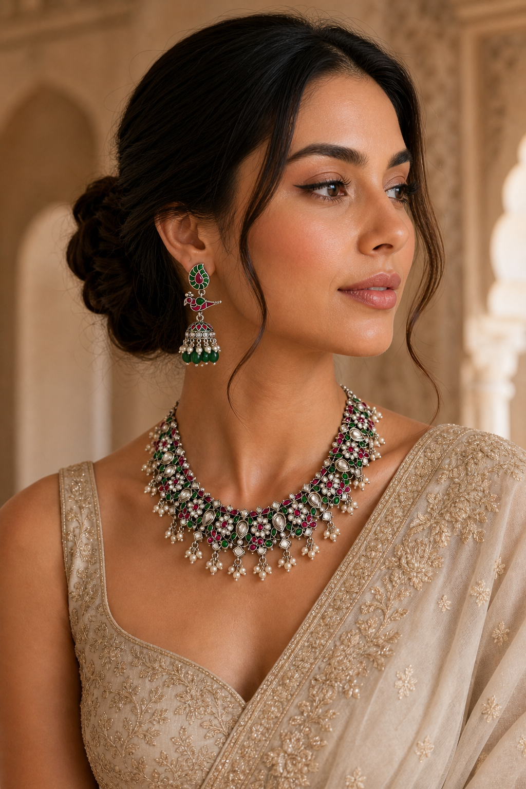Traditional Kundan-Style Necklace Set with Ruby Green Stones & Pearl Drop Jhumka Earrings