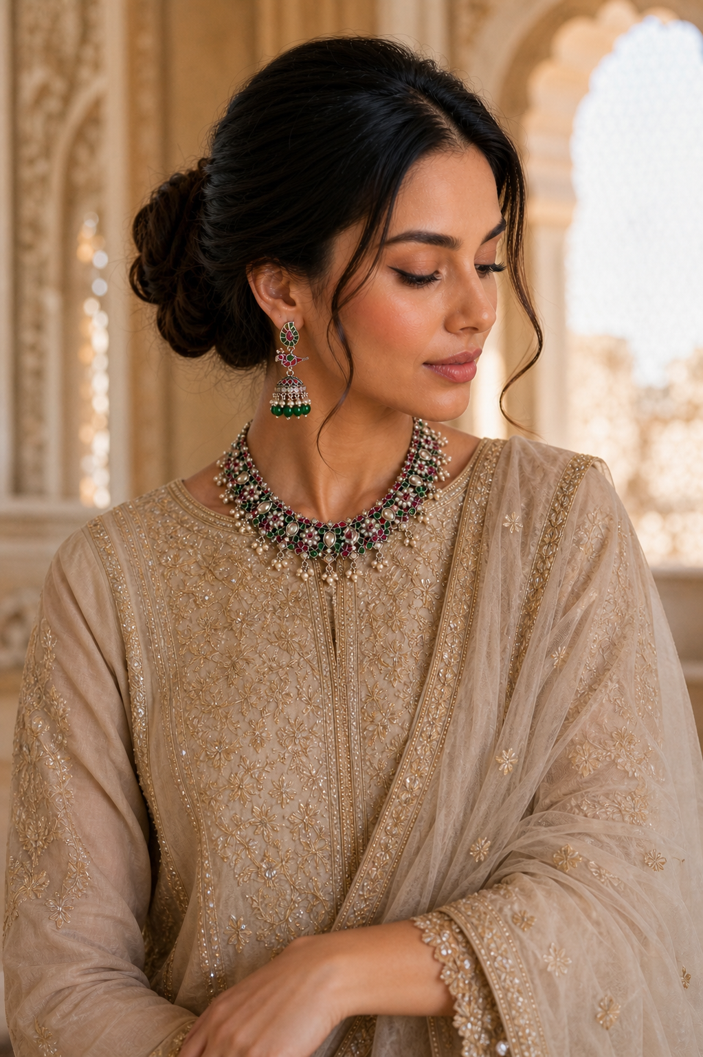Traditional Kundan-Style Necklace Set with Ruby Green Stones & Pearl Drop Jhumka Earrings