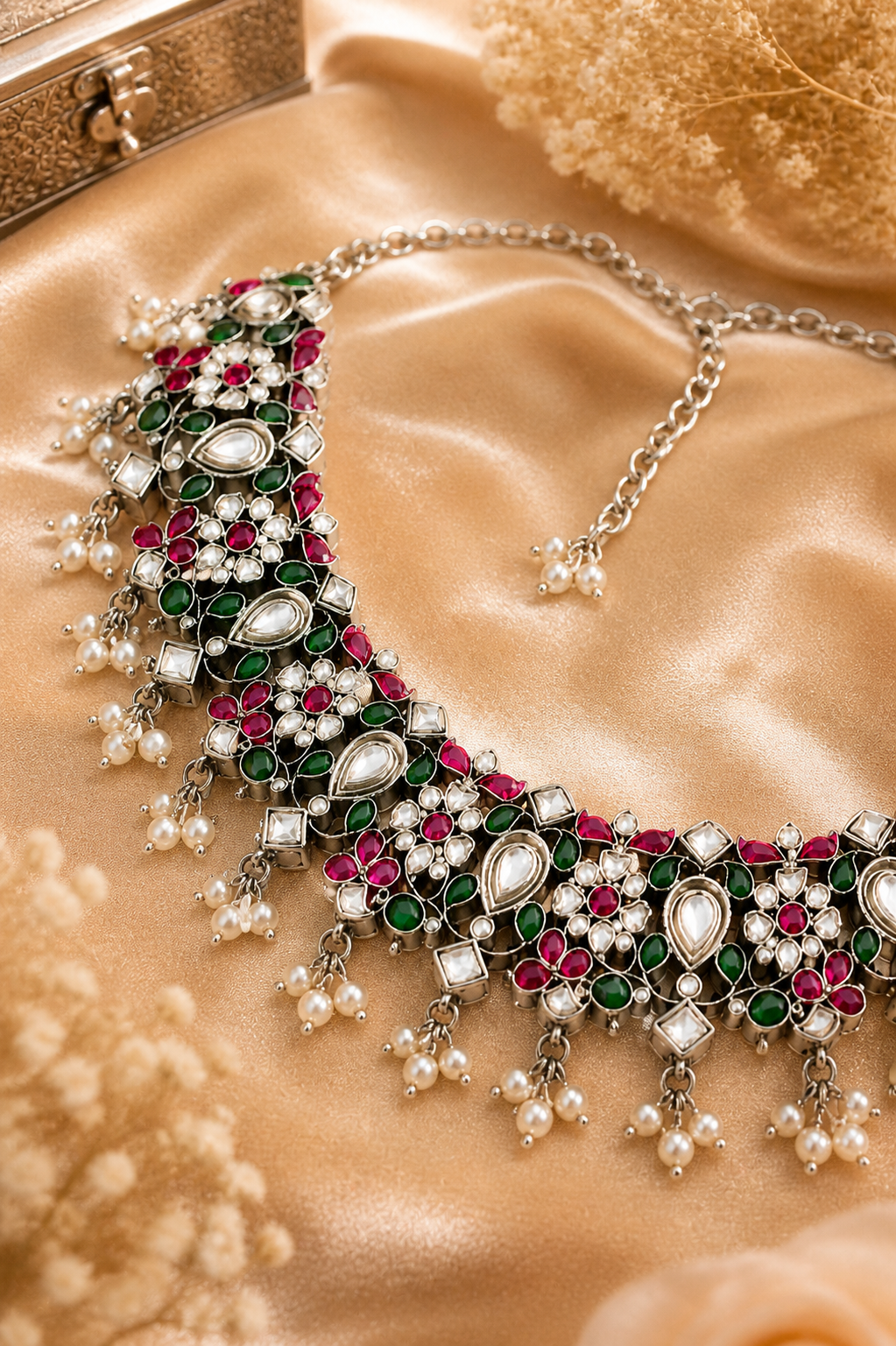 Traditional Kundan-Style Necklace Set with Ruby Green Stones & Pearl Drop Jhumka Earrings