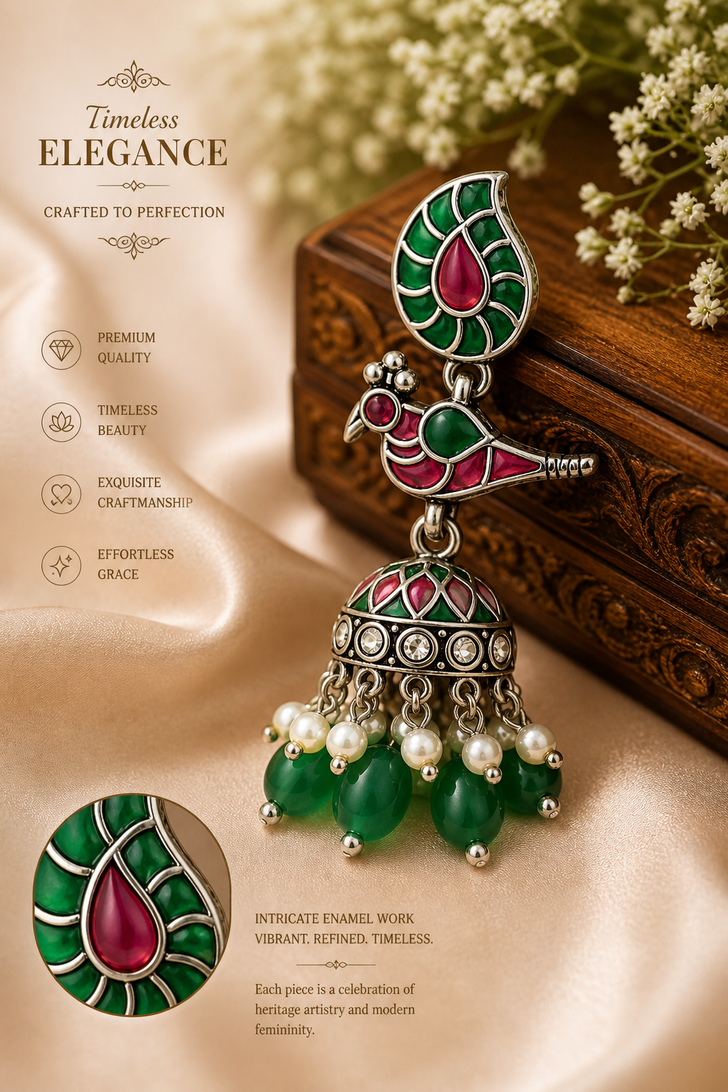 Traditional Kundan-Style Necklace Set with Ruby Green Stones & Pearl Drop Jhumka Earrings