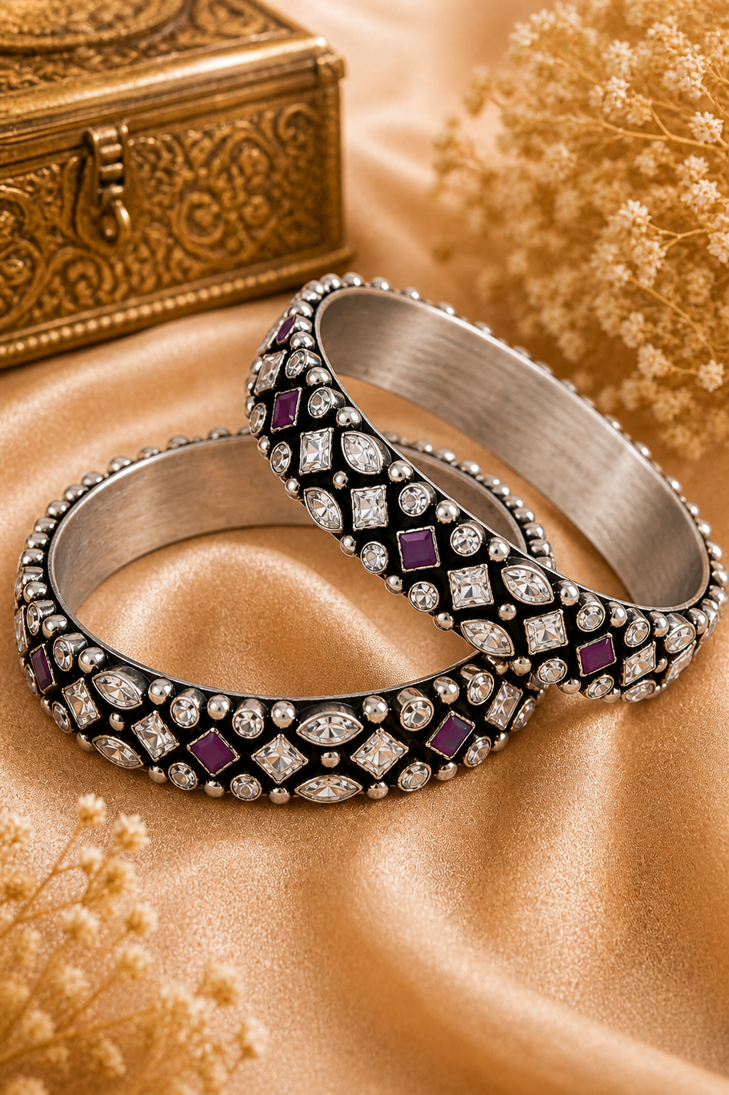 Shehnai Oxidised Silver Bangle Set – Victorian Polki & Ruby Stone Kada Pair