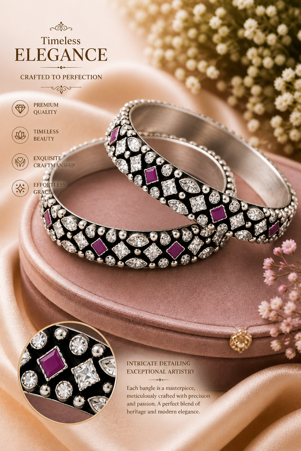 Shehnai Oxidised Silver Bangle Set – Victorian Polki & Ruby Stone Kada Pair