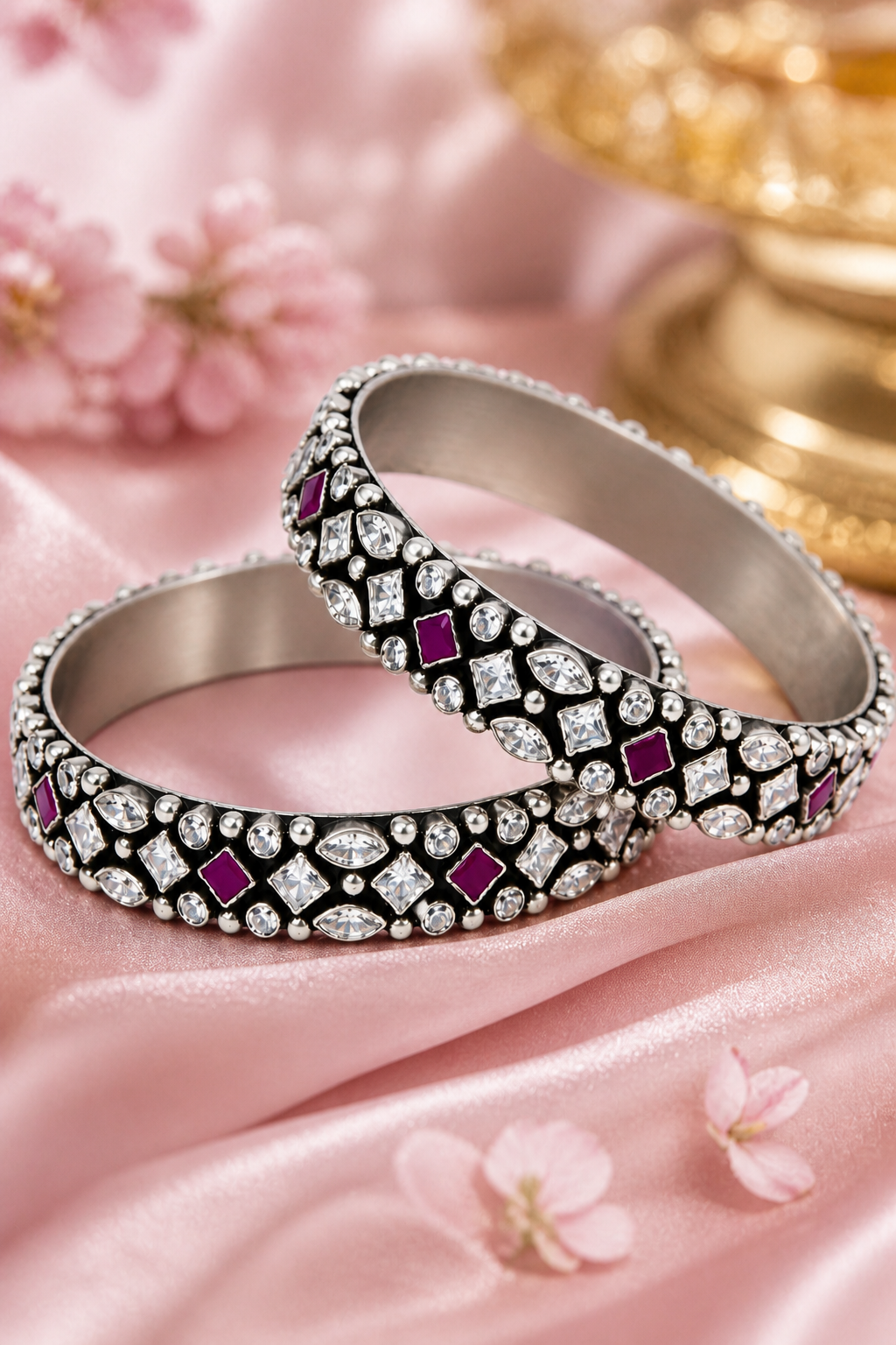 Shehnai Oxidised Silver Bangle Set – Victorian Polki & Ruby Stone Kada Pair