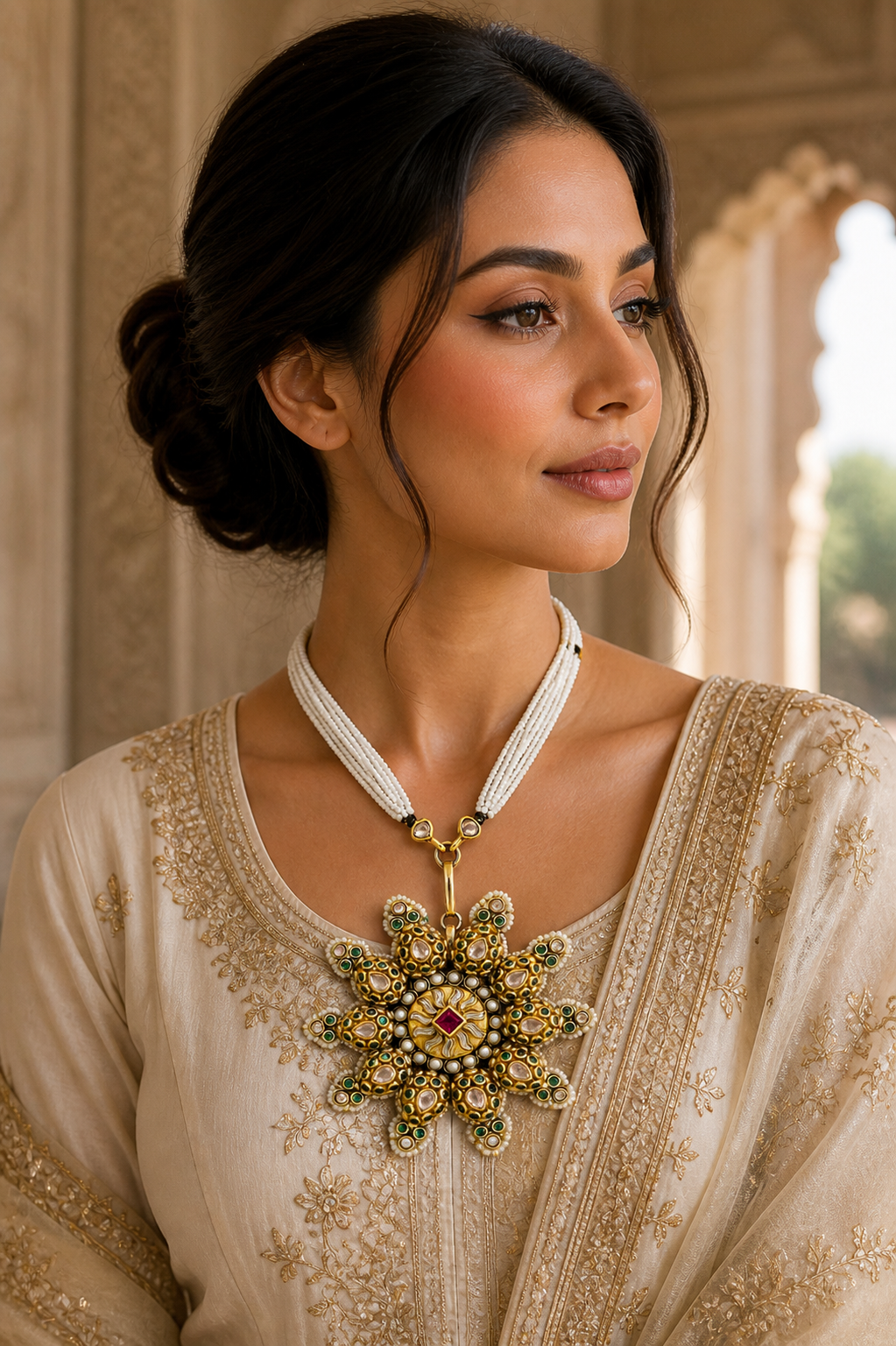 Surya Kamal Pendant Necklace – Antique Gold Kundan Star Pendant on Pearl Mala