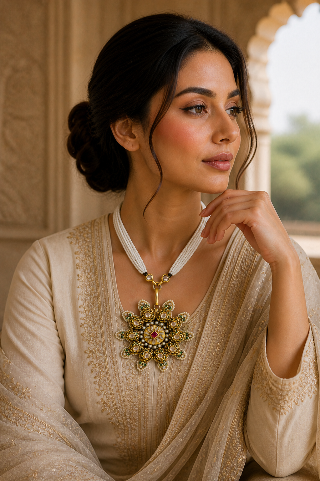 Surya Kamal Pendant Necklace – Antique Gold Kundan Star Pendant on Pearl Mala