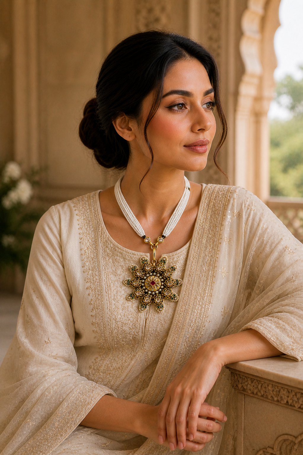 Surya Kamal Pendant Necklace – Antique Gold Kundan Star Pendant on Pearl Mala