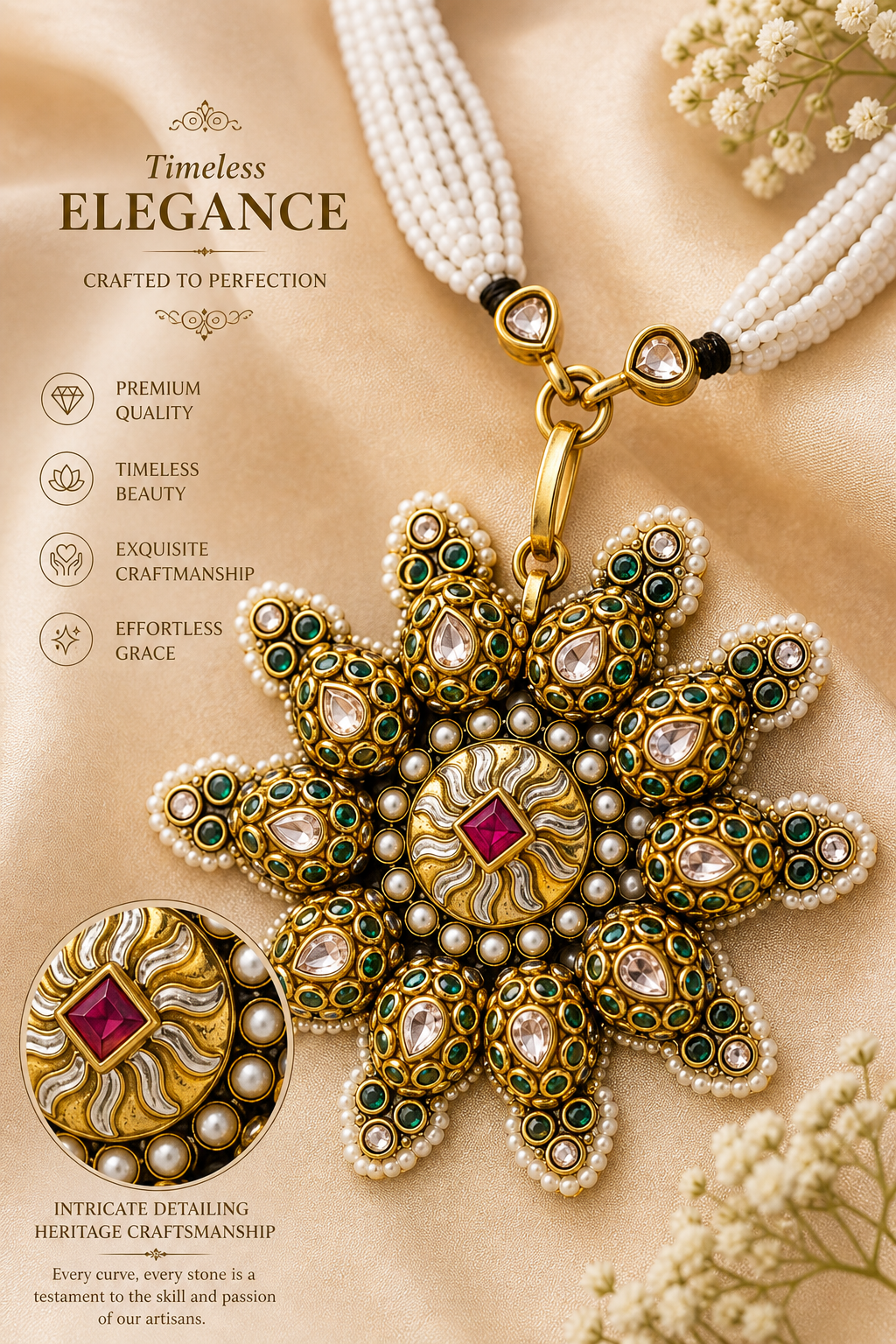 Surya Kamal Pendant Necklace – Antique Gold Kundan Star Pendant on Pearl Mala