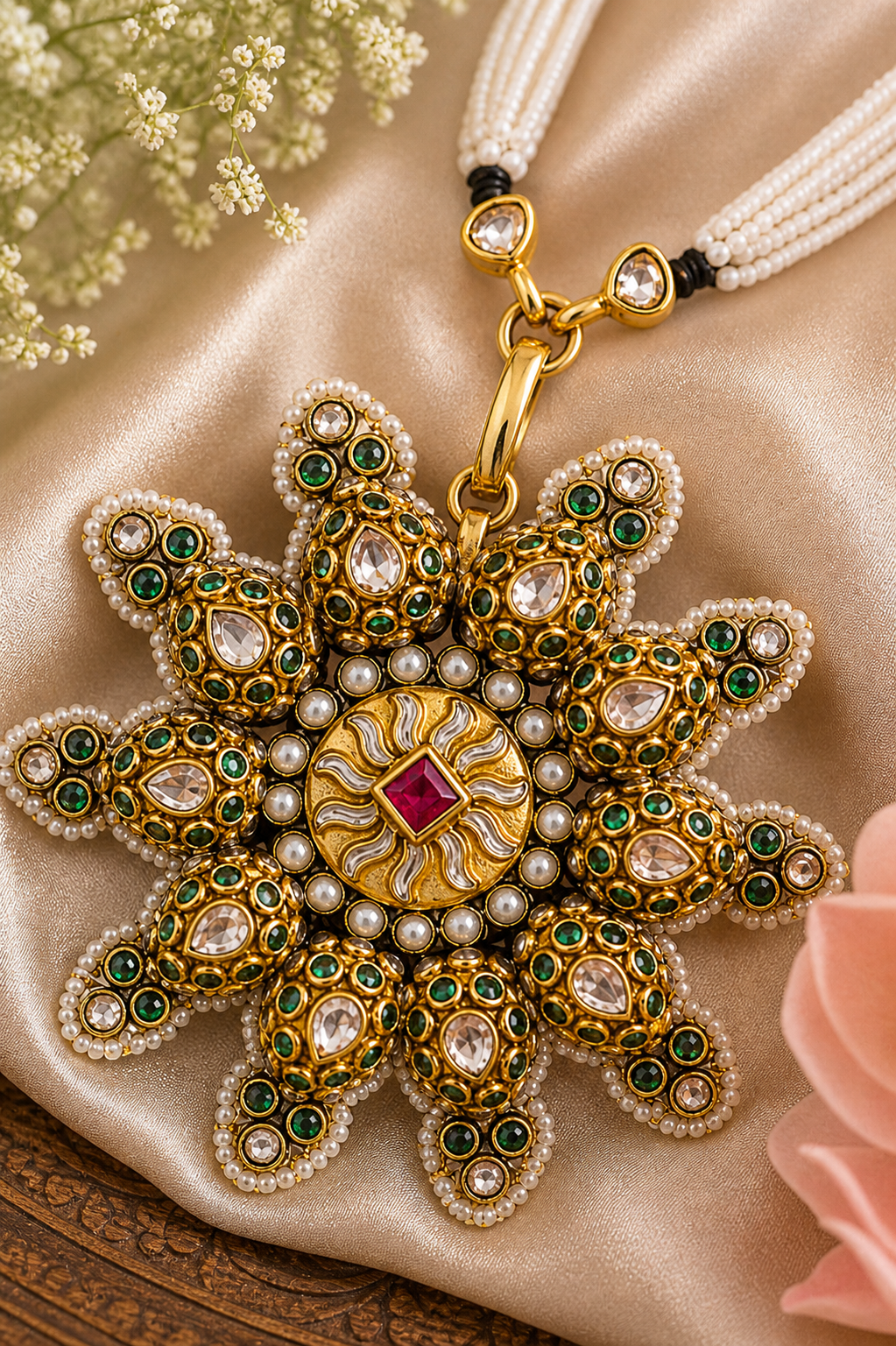 Surya Kamal Pendant Necklace – Antique Gold Kundan Star Pendant on Pearl Mala