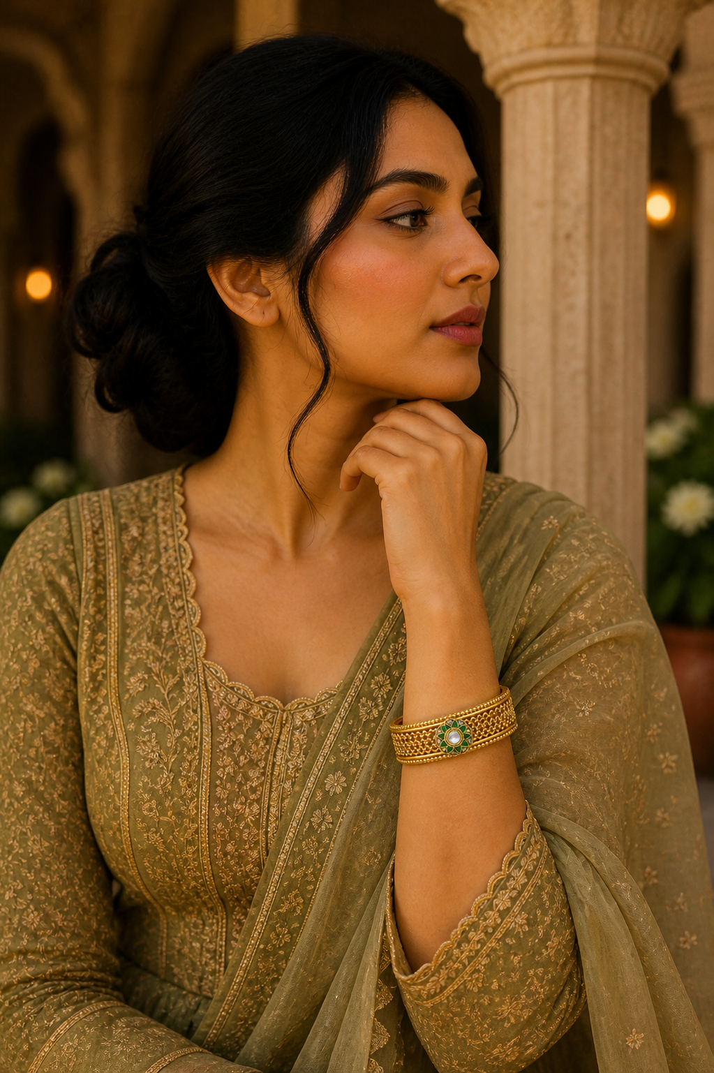 Rajwada Jali Kada – Antique Gold Filigree Bangle with Emerald Polki Centrepiece