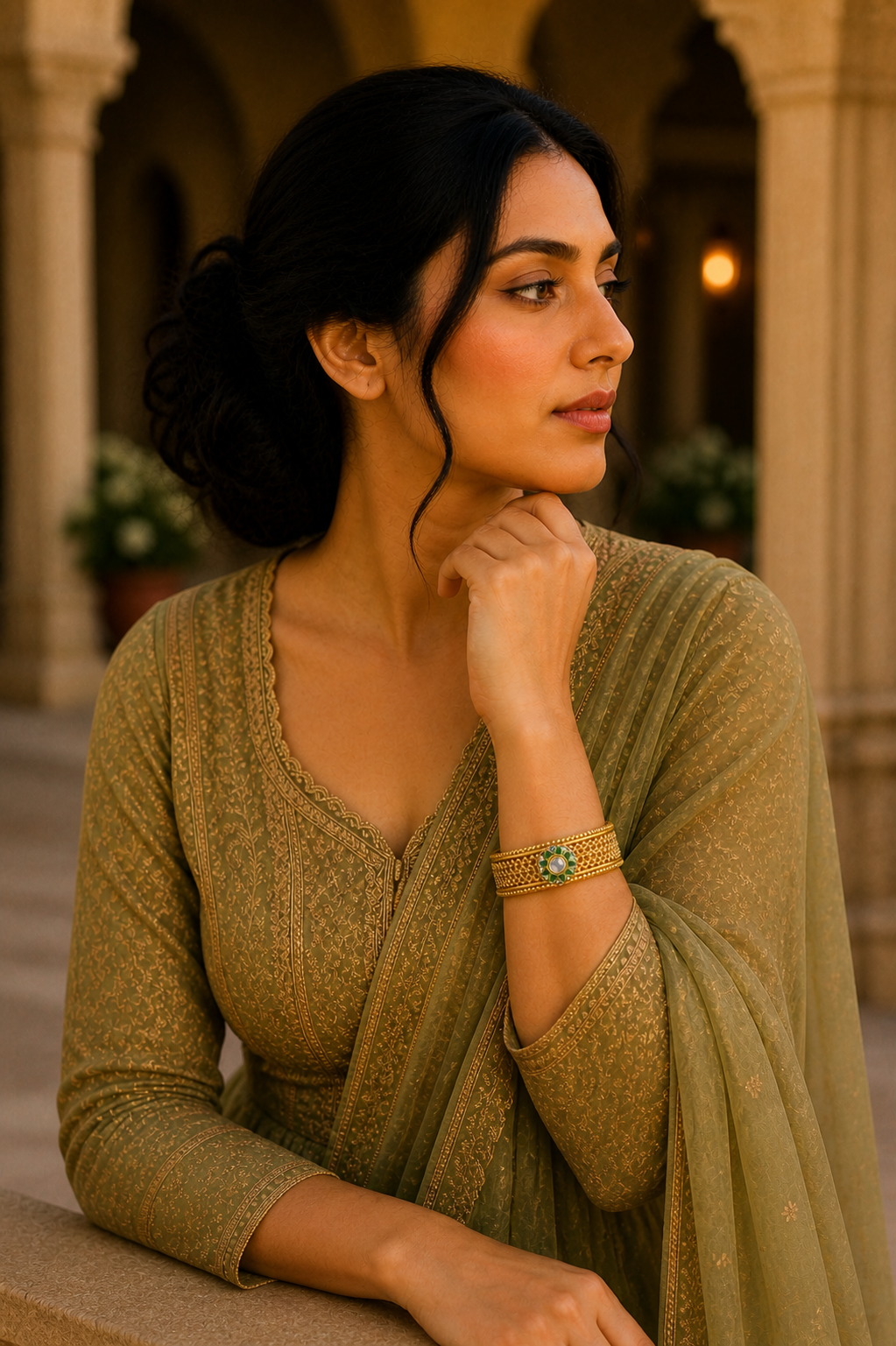 Rajwada Jali Kada – Antique Gold Filigree Bangle with Emerald Polki Centrepiece