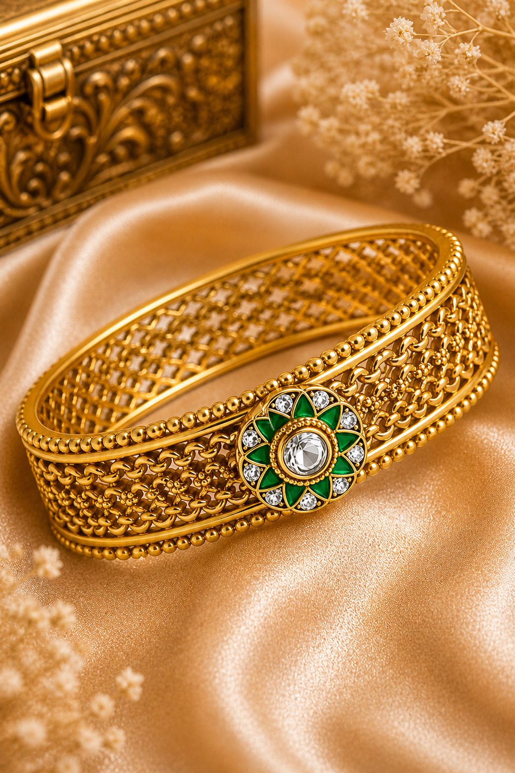 Rajwada Jali Kada – Antique Gold Filigree Bangle with Emerald Polki Centrepiece