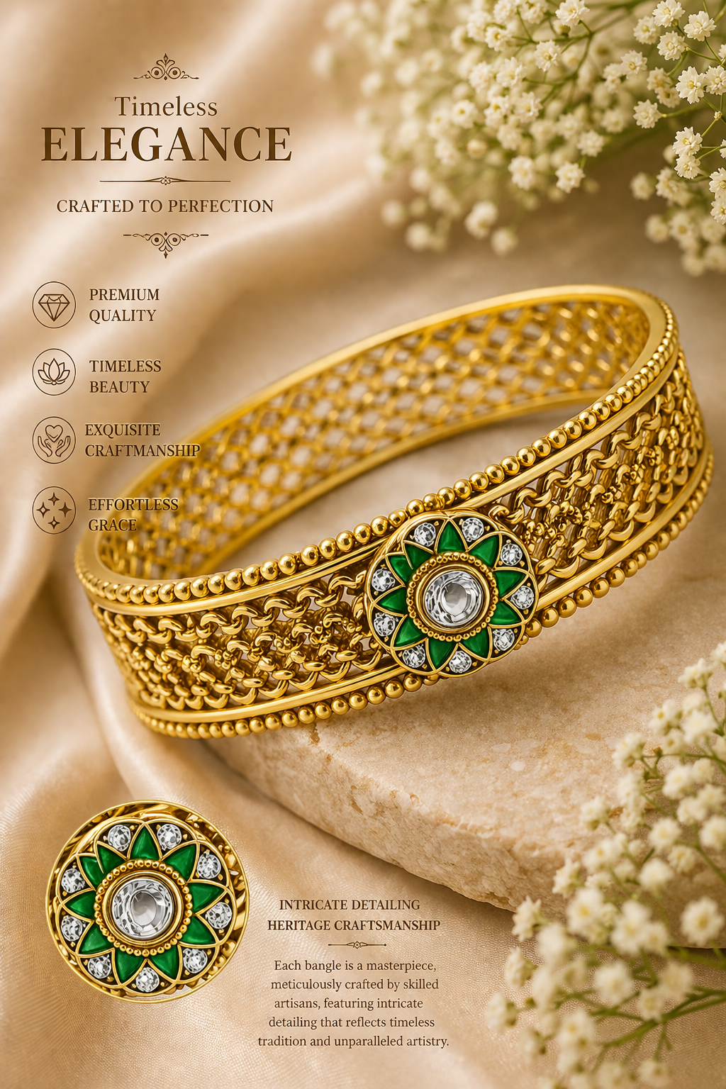 Rajwada Jali Kada – Antique Gold Filigree Bangle with Emerald Polki Centrepiece