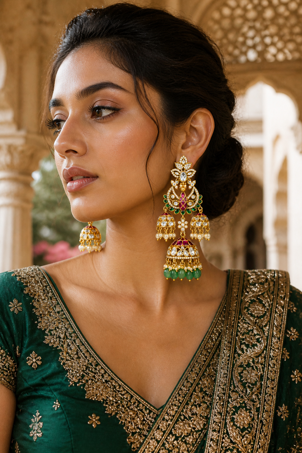 Rajrani Triple Jhumka Earrings – Kundan Lotus Chandbali with Cascading Jhumka Drops