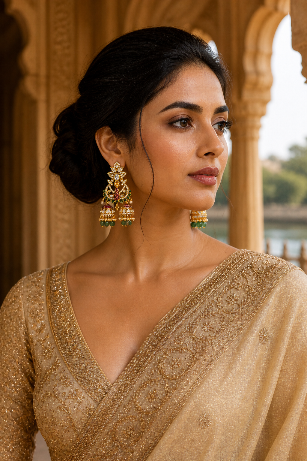Rajrani Triple Jhumka Earrings – Kundan Lotus Chandbali with Cascading Jhumka Drops