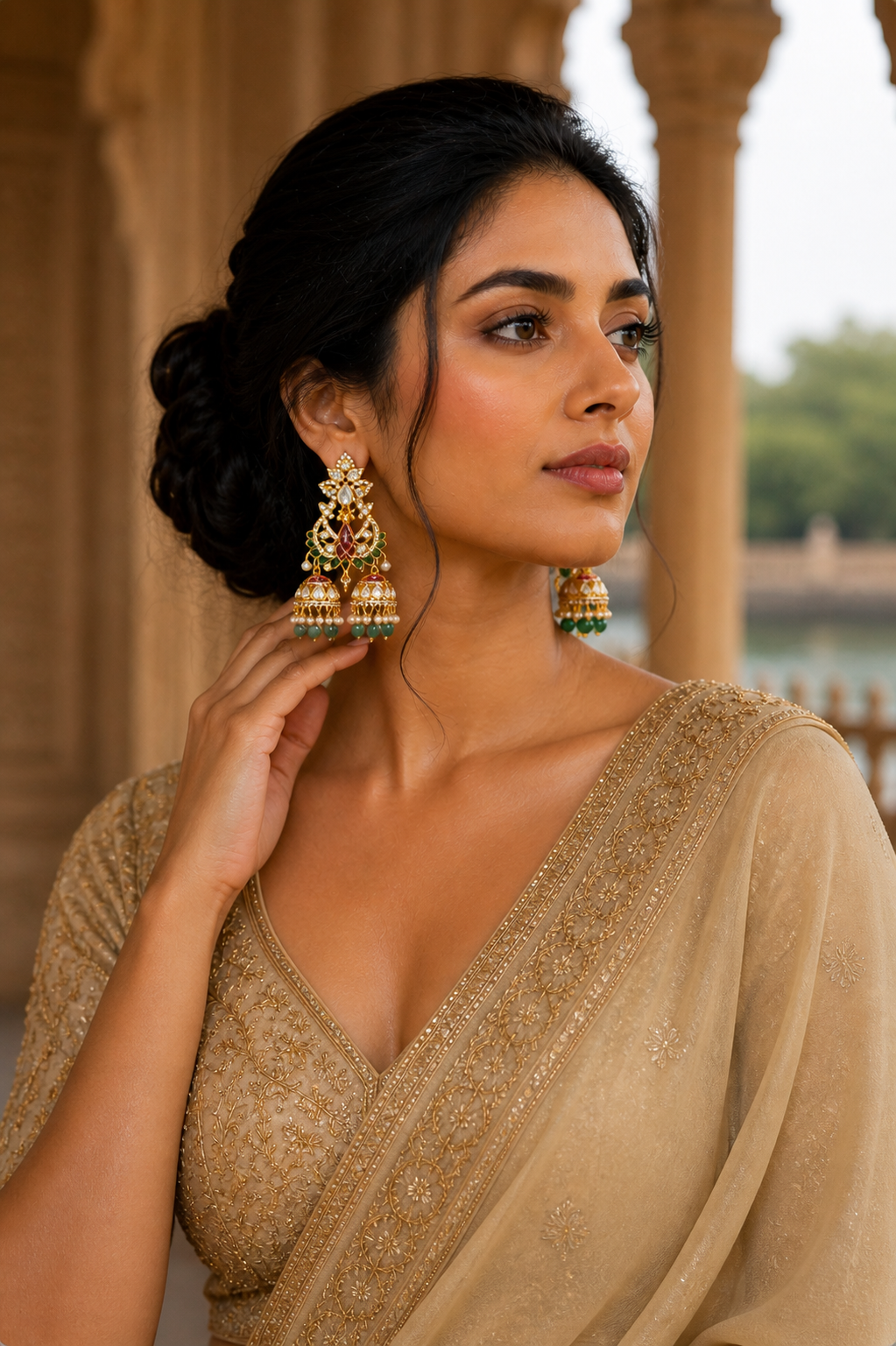 Rajrani Triple Jhumka Earrings – Kundan Lotus Chandbali with Cascading Jhumka Drops