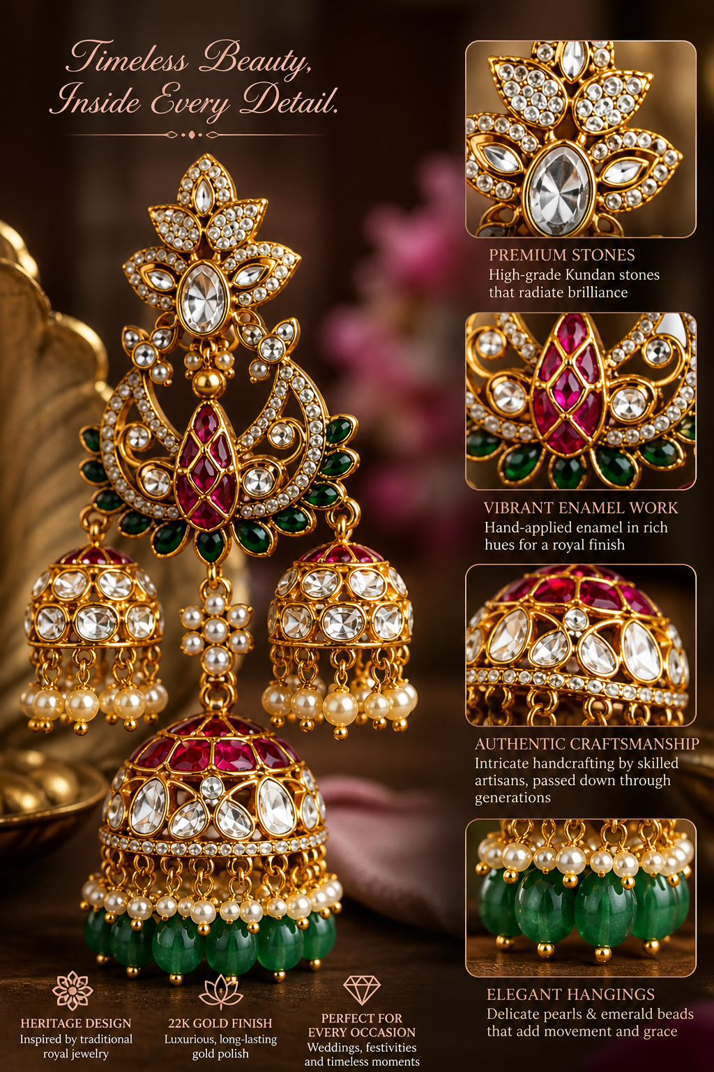 Rajrani Triple Jhumka Earrings – Kundan Lotus Chandbali with Cascading Jhumka Drops