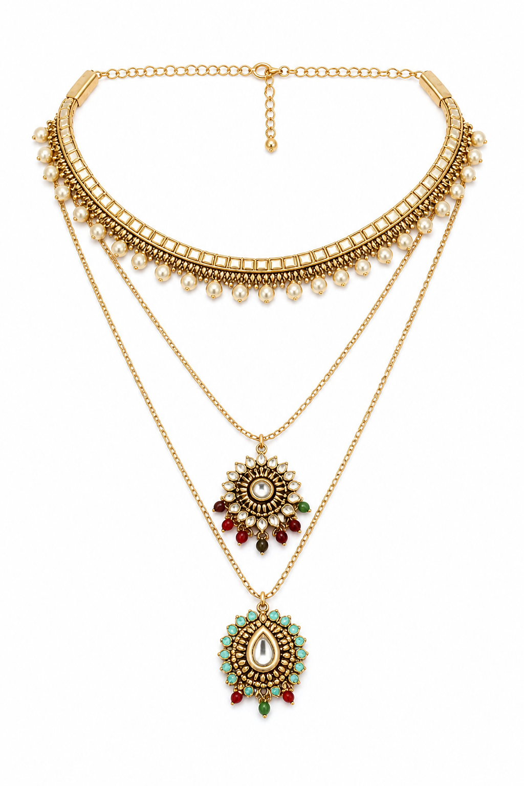 Layered Kundan Pendant Necklace Set with Bead Accents