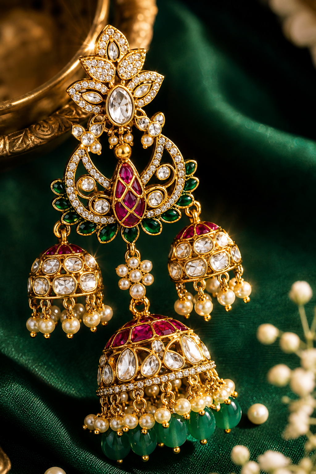 Rajrani Triple Jhumka Earrings – Kundan Lotus Chandbali with Cascading Jhumka Drops