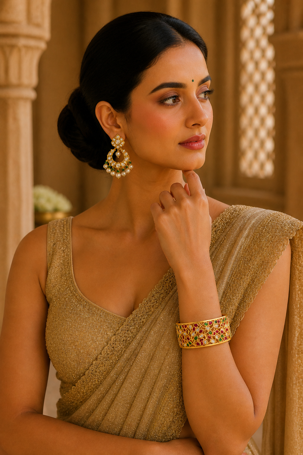 Gulbahar Jali Kada – Royal Gold Filigree Bangle Set with Ruby, Emerald & Polki Stones